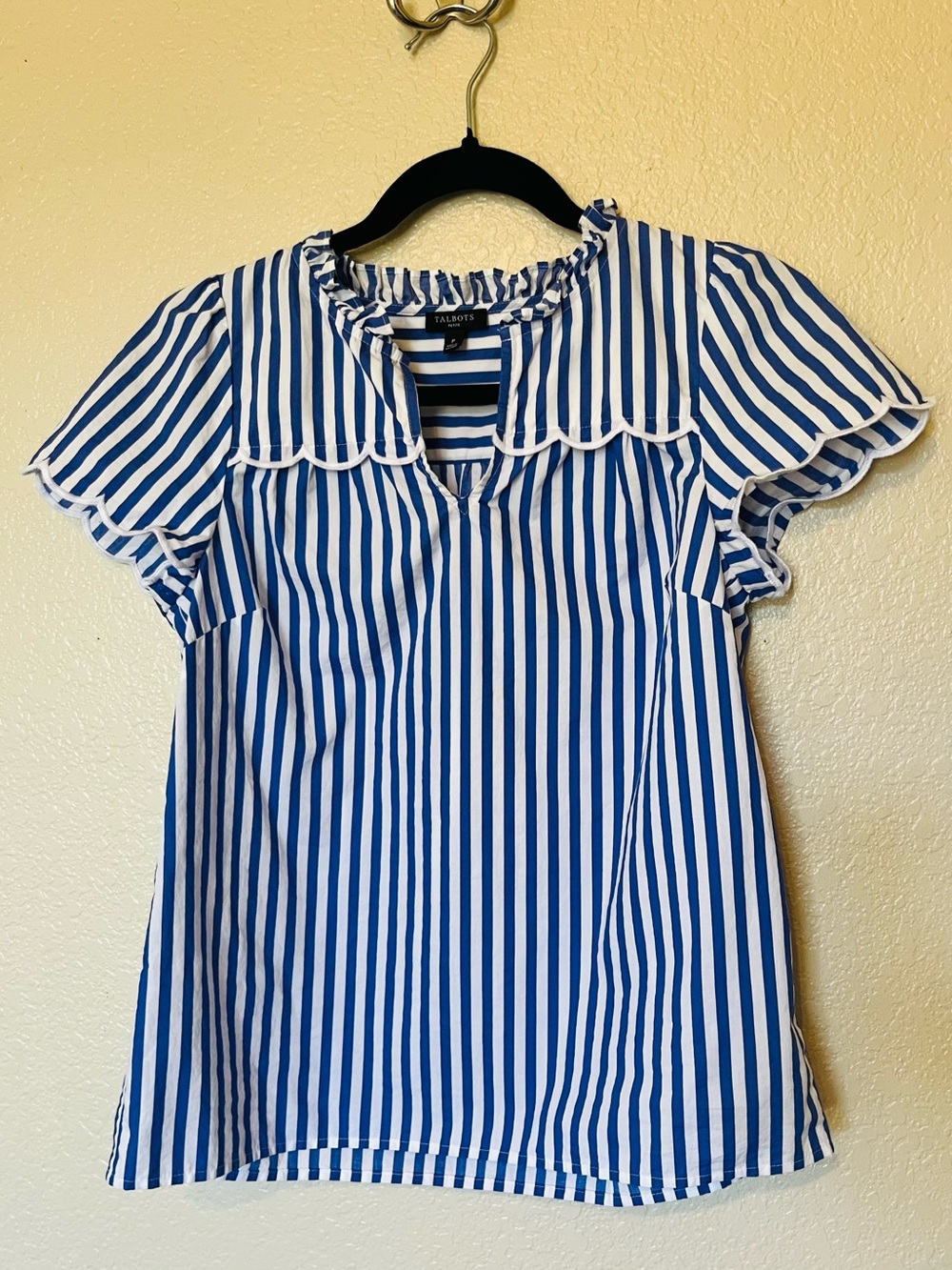 Talbots Scallop Detail Top - Sailboat Stripe Petite XS